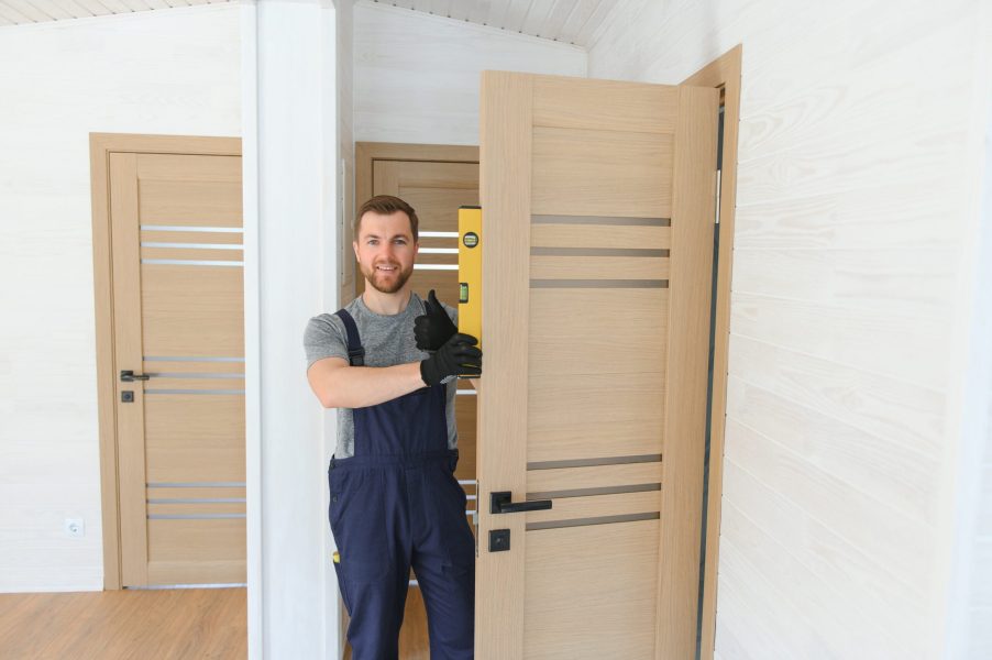 A handsome male worker is installing a new door in a house