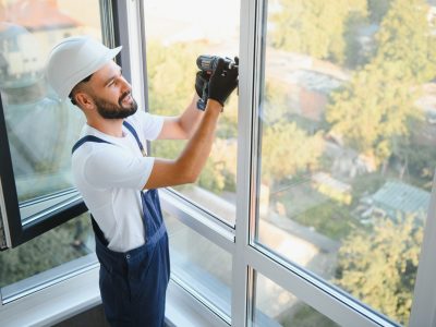 Workman in overalls installing or adjusting plastic windows in the living room at home.